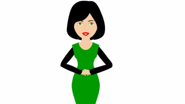 穿着绿色衣服的活泼的说话女孩 这个女人不停地用手讲一些事情和手势 黑头发白色背景上孤立的平面矢量图解 — 图库视频影像