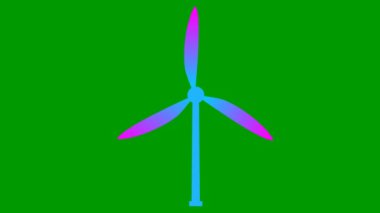 Animasyon düz ekoloji ikonu. Rüzgar santralinin mavi ve pembe sembolü. Bıçaklar dönüyor. Yenilenebilir enerji kavramı, yeşil teknoloji, ekoloji, yeşil enerji, rüzgar enerjisi, rüzgar türbini. Vektör illüstrasyonu yeşil arkaplanda izole edildi.