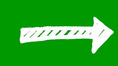 Animated symbol of arrow. Hand drawn white arrow points to the right. Vector illustration isolated on green background.