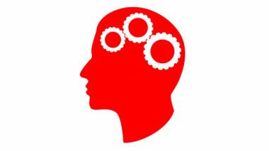Animated red mechanism in the head with gears. Concept of idea, creativity, intellect, strategy, thinking, work, productivity. Looped video. Flat vector illustration isolated on white background.