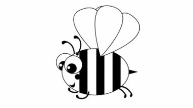 Animated black white funny bee. The bee flies. Looped video. Flat vector illustration isolated on a white background.