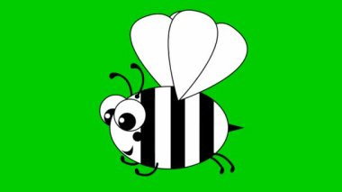 Animated black white funny bee. The happy bee flies. Looped video. Flat vector illustration isolated on a green background.
