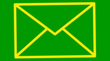Animated yellow line icon of envelope. Symbol of e-mail. Concept of communication, mail, post, message, letter. Looped video. Vector illustration isolated on green background.