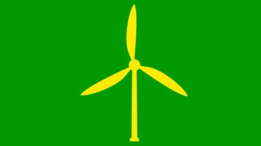 Animasyon düz ekoloji ikonu. Rüzgar santralinin sarı sembolü. Bıçaklar dönüyor. Yenilenebilir enerji kavramı, yeşil teknoloji, ekoloji, yeşil enerji, rüzgar enerjisi, rüzgar türbini. Vektör illüstrasyonu yeşil arkaplanda izole edildi.