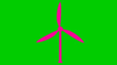 Animated flat ecology icon. pink symbol of wind power plant. Blades are spinning. Concept of renewable energy, green technology, ecology, green energy, wind power, Wind energy, wind turbine. Vector illustration isolated on green background.