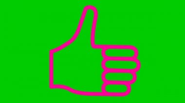 Animated pink line symbol of like. Hand icon. Looped video. Vector flat illustration isolated on the green background.