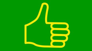 Animated yellow line symbol of like. Hand icon. Looped video. Vector flat illustration isolated on the green background.