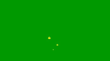 Animated yellow likes fly from bottom to top. Looped video. Vector flat illustration. Fountain from hands isolated on the green background.