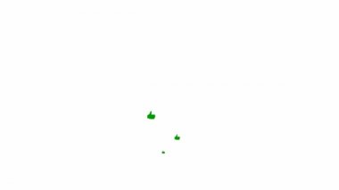 Animated green likes fly from bottom to top. Looped video. Vector flat illustration. Fountain from hands isolated on the white background.