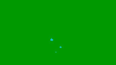 Animated blue likes fly from bottom to top. Looped video. Vector flat illustration. Fountain from hands isolated on the green background.