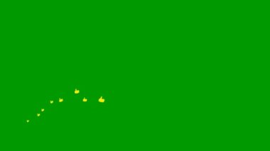 Animated yellow likes fly from left to right. A wave of flying hands. Looped video. Vector illustration isolated on the green background.