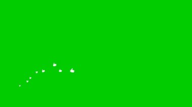 Animated white likes fly from left to right. A wave of flying hands. Looped video. Vector illustration isolated on the green background.