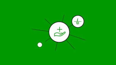 Animated line medicine icons in the white circles. green symbols. Linear vector illustration isolated on green background.
