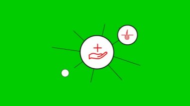 Animated line medicine icons in the white circles. red symbols. Linear vector illustration isolated on green background.