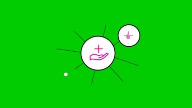 Animated line medicine icons in the white circles. pink symbols. Linear vector illustration isolated on green background.