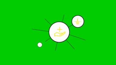 Animated line medicine icons in the white circles. yellow symbols. Linear vector illustration isolated on green background.