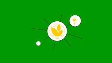 Animated flat eco icons in the white circles. Flat yellow symbols for sustainable energy, renewable energy, green technology, ecology care. Vector illustration on green background.