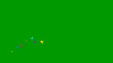 Animated colorful butterflies fly from left to right. A wave of butterflies. Concept of summer. Vector illustration isolated on the green background.