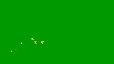 Animated gold butterflies fly from left to right. A wave of butterflies. Concept of summer. Vector illustration isolated on the green background.