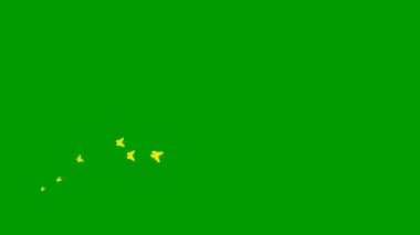 Animated yellow butterflies fly from left to right. A wave of butterflies. Concept of summer. Vector illustration isolated on the green background.