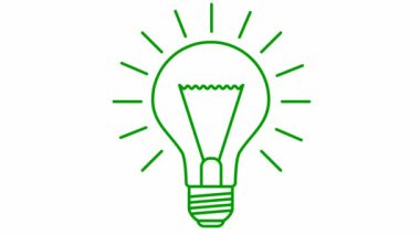 Animated green symbol of lightbulb. Concept of idea and creative. Looped video. Line vector illustration isolated on white background.