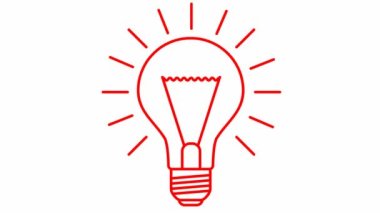 Animated red symbol of lightbulb. Concept of idea and creative. Looped video. Line vector illustration isolated on white background.