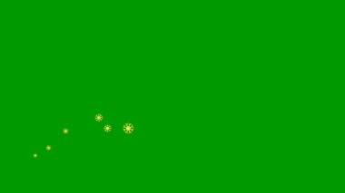 Animated golden snowflakes fly from left to right. A wave of flying snow. Concept of winter, cold. Vector illustration isolated on the green background.