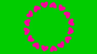 Animasyon pembe kalp çemberi. Döngülü video. Vektör illüstrasyonu yeşil arkaplanda izole edildi.