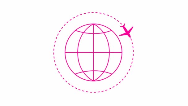 アニメーション化されたピンクの飛行機は軌道に沿って飛ぶ 周りの飛行機で惑星地球 飛行機旅行の概念 世界中を旅する ループビデオだ 線形記号 白を基調とした平面図 — ストック動画