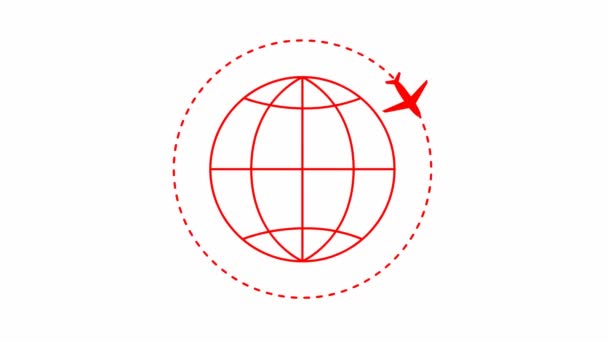 Анимационный Красный Самолет Летит Траектории Планета Земля Самолетом Вокруг Концепция — стоковое видео