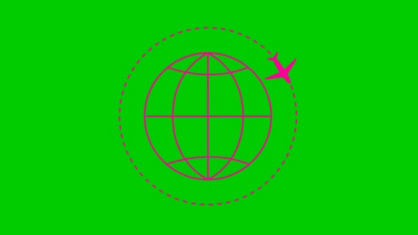 アニメーション化されたピンクの飛行機は軌道に沿って飛ぶ 周りの飛行機で惑星地球 飛行機旅行の概念 世界中を旅する ループビデオだ 線形記号 緑の背景に孤立した平面図 — ストック動画