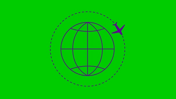アニメーション化された紫色の飛行機は軌道に沿って飛ぶ 周りの飛行機で惑星地球 飛行機旅行の概念 世界中を旅する ループビデオだ 線形記号 緑の背景に孤立した平面図 — ストック動画