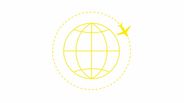 アニメーション化された黄色の飛行機は軌道に沿って飛ぶ 周りの飛行機で惑星地球 飛行機旅行の概念 世界中を旅する ループビデオだ 線形記号 白を基調とした平面図 — ストック動画
