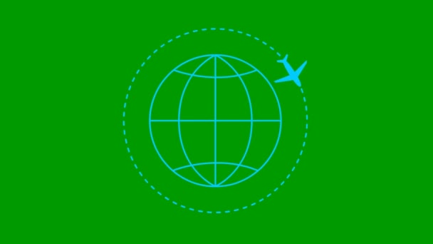 アニメーション化された青い飛行機は軌道に沿って飛ぶ 周りの飛行機で惑星地球 飛行機旅行の概念 世界中を旅する ループビデオだ 線形記号 緑の背景に孤立した平面図 — ストック動画