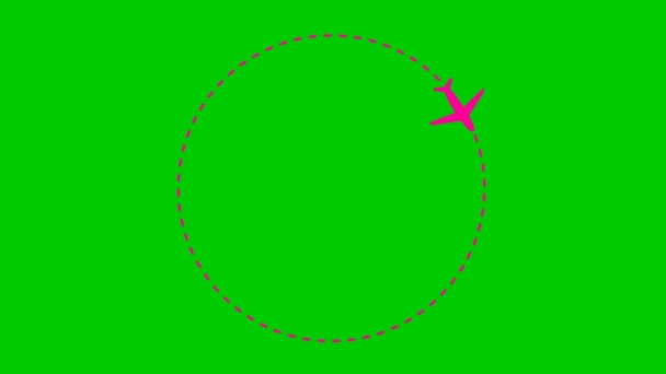 アニメーションピンクのフレーム 飛行機は軌道を円に沿って飛ぶ 飛行機旅行の概念 世界中を旅する ループビデオだ 線形記号 緑の背景に孤立した平面図 — ストック動画