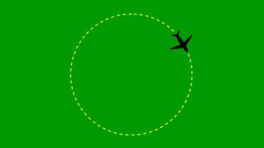 Animasyon sarı ve siyah çerçeveli. Uçak yörünge boyunca uçar. Uçak yolculuğu kavramı. Dünya turu. Döngülü video. Doğrusal sembol. Düz illüstrasyon yeşil arkaplanda izole edildi. 