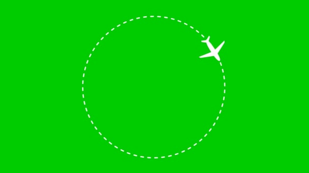 アニメーションの白いフレーム 飛行機は軌道を円に沿って飛ぶ 飛行機旅行の概念 世界中を旅する ループビデオだ 線形記号 緑の背景に孤立した平面図 — ストック動画