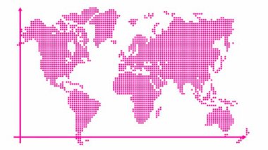 Bir trend çizelgesiyle finansal çöküşün animasyon çizelgesi. Küresel ekonomik durgunluk. Ekonomik kriz, durgunluk, düşüş grafiği. Bar haritalı pembe bir dünya haritası. Kâr düştü. Döngülü video. Vektör illüstrasyonu beyaz arkaplanda izole edildi.
