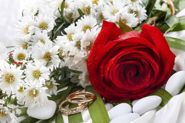 Rosas y anillos de boda — Foto de Stock