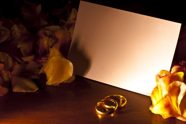 Tarjeta blanca con anillos de boda —  Fotos de Stock