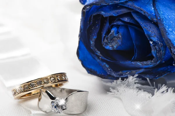 Rosas azules y anillos de boda — Foto de Stock