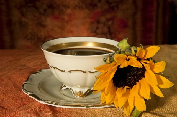 Kopje koffie en zonnebloem — Stockfoto