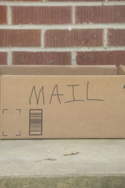 Cardboard Box Word Mail Written Porch — Stock Photo, Image