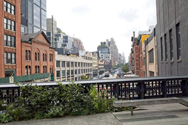 New York, NY, USA - Oct 21, 2021: View from the High Line railing facing 14th Street in Manhattan