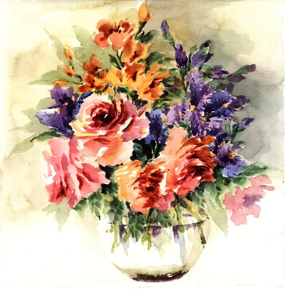 Orginal watercolor painting lovely lilies in vase — Stock Photo, Image