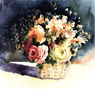 orijinal suluboya resim güzel mix gül sepeti