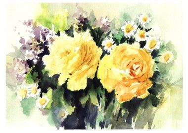 iki güzel yillow Gül resim orijinal suluboya