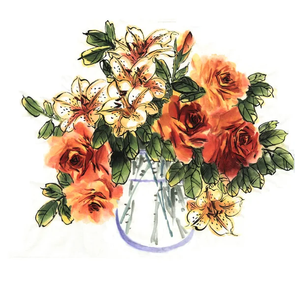 Πρωτότυπο ακουαρέλα ζωγραφική καλών κρίνων και τριαντάφυλλα στο βάζο — Φωτογραφία Αρχείου