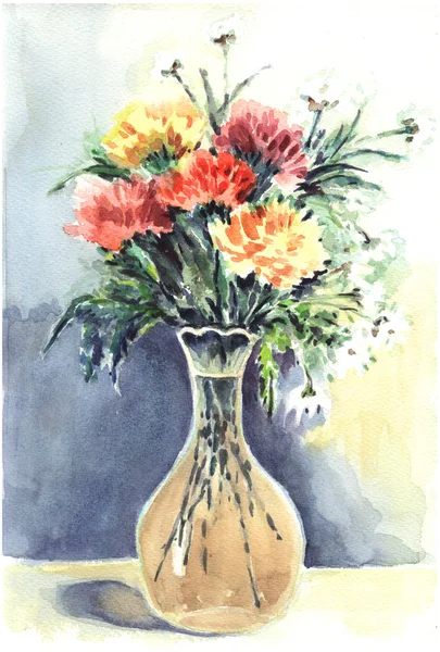 Aquarelle décorative peinture belle oeillet dans un vase — Photo