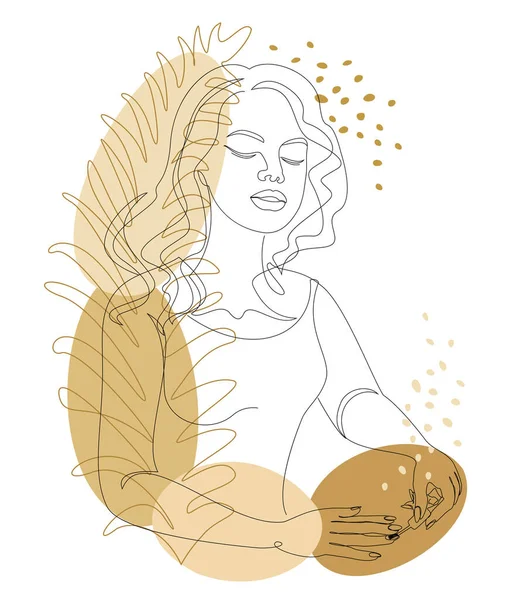 She draws the silhouettes of a lady on paper with a brush and leaves of plants in a modern one-line style. Solid line, aesthetic outline for home decor, posters, stickers, logo. Vector illustration.
